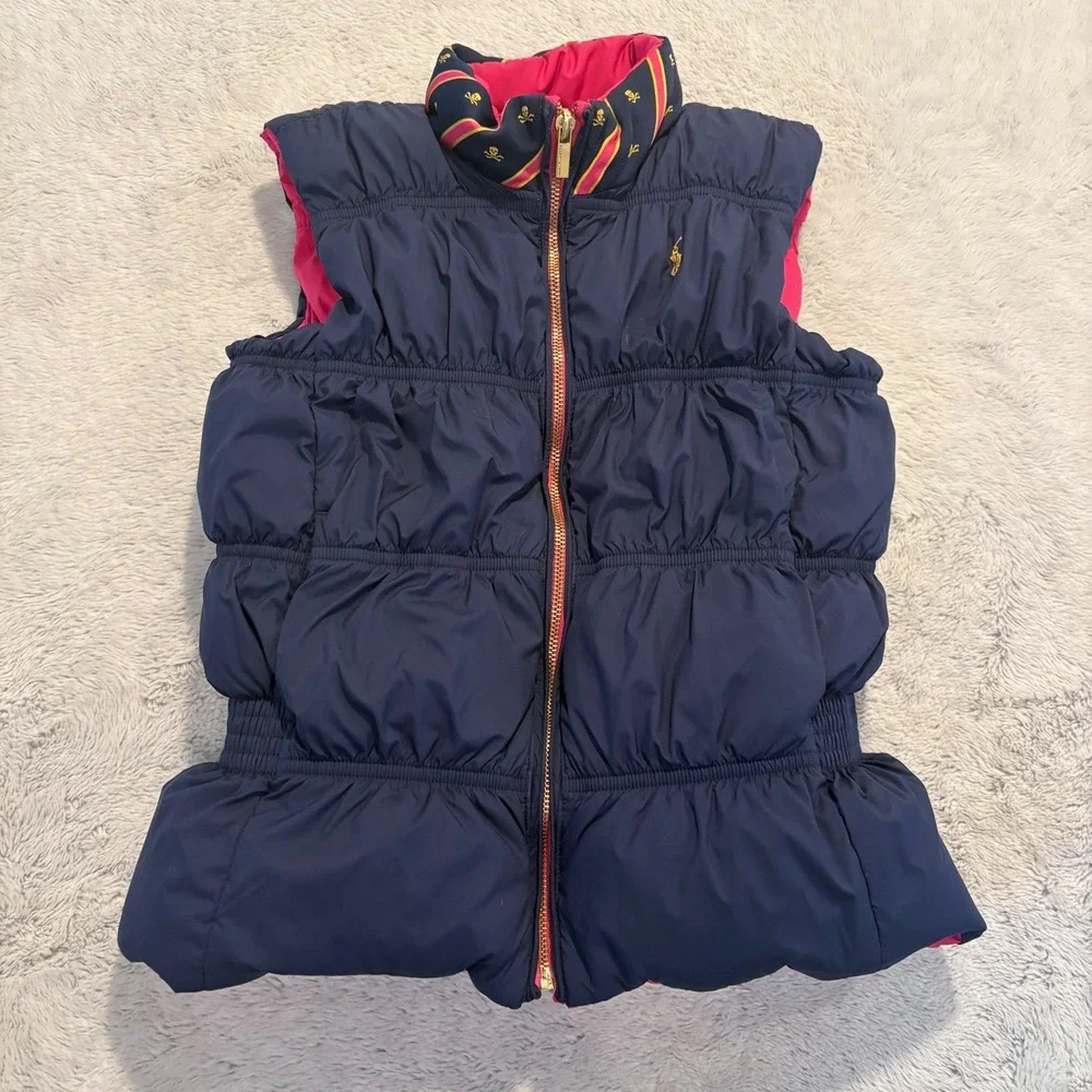 Ralph Lauren Girls Puffer Vest Reversible Down L‎ 12/14 Pink Blue Preppy Outdoor